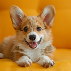 Un felice cucciolo di Corgi con grandi orecchie e un pelo soffice è sdraiato su un divano giallo brillante, guardando direttamente la telecamera con la bocca aperta e un'espressione allegra, che ricorda le scene gioiose de "L'Arrivo del Cucciolo: Primi Passi nella Sua Educazione".